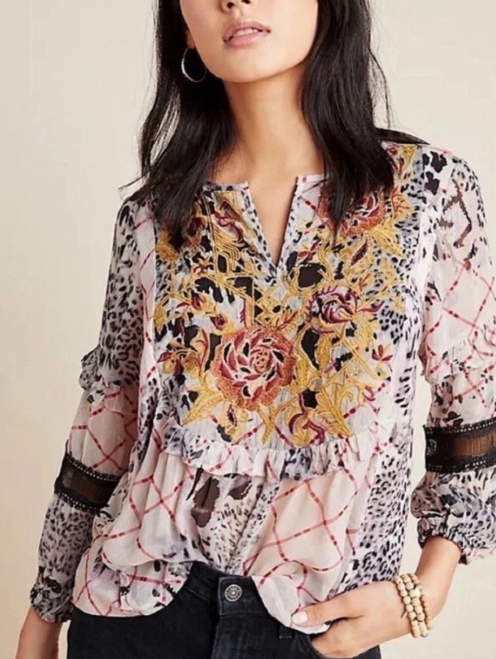 Anthropologie Mathilda Ballon Sleeve Mixed Media Blouse.